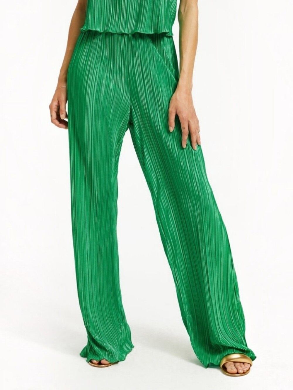 H&M Satin Plisse Wide Leg Crinkle Pleated Relaxed Fit Pants in Summer Green L